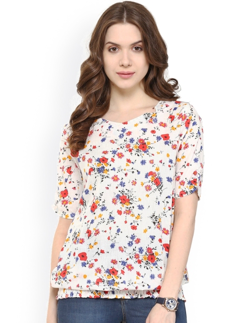 

Pannkh Women White Printed Blouson Pure Cotton Top