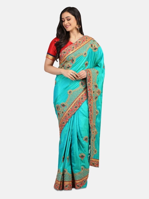 

RAJGRANTH Turquoise Blue & Red Floral Embroidered Silk Blend Ready to Wear Jamdani Saree