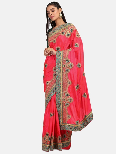 

RAJGRANTH Pink & Gold-Toned Floral Embroidered Silk Blend Ready to Wear Jamdani Saree