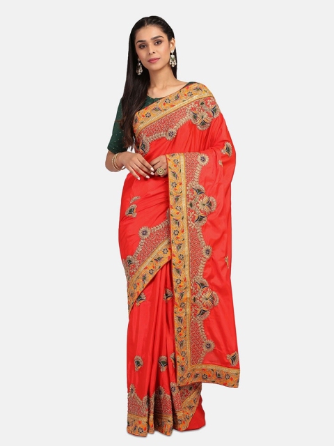 

RAJGRANTH Red & Gold-Toned Floral Embroidered Silk Blend Ready to Wear Jamdani Saree