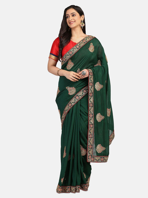 

RAJGRANTH Green & Gold-Toned Floral Embroidered Silk Blend Ready to Wear Jamdani Saree