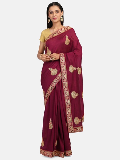 

RAJGRANTH Purple & Gold-Toned Floral Embroidered Silk Blend Ready to Wear Jamdani Saree