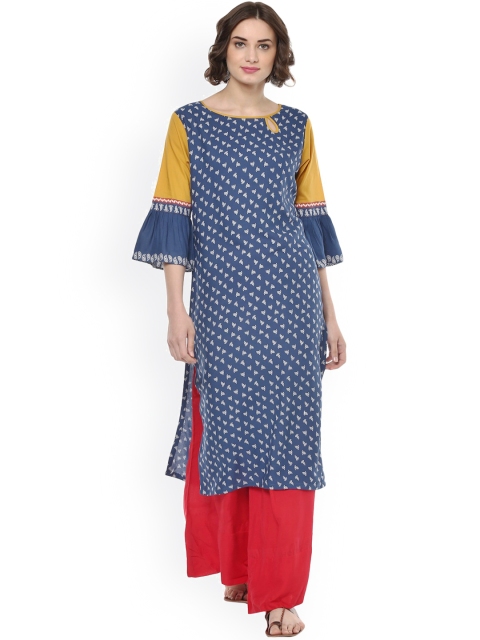 

Pannkh Women Blue Printed Straight Kurta
