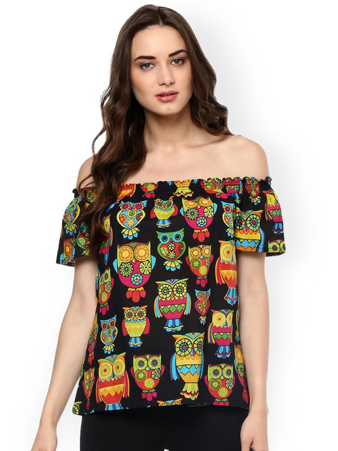 

Pannkh Women Black Qwl Print Bardot Pure Cotton Top