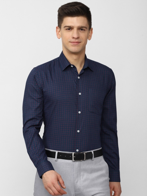

Peter England Men Navy Blue Slim Fit Grid Tattersall Checks Checked Formal Shirt