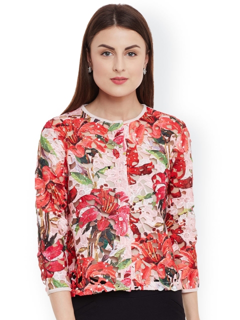 

Kazo Women Pink & Red Self Design Lightweight Jacket
