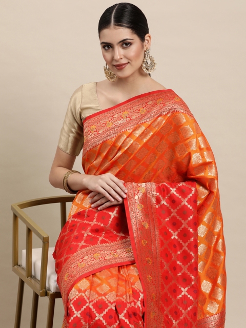 

MOHEY Mustard Yellow & Red Ethnic Motifs Half & Half Woven Design Saree