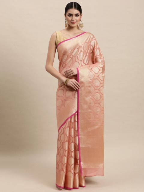 

MOHEY Pink & Golden Ethnic Motifs Woven Design Saree