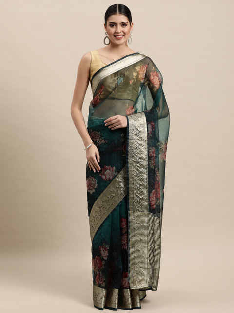 

MOHEY Green Floral Print Organza Saree