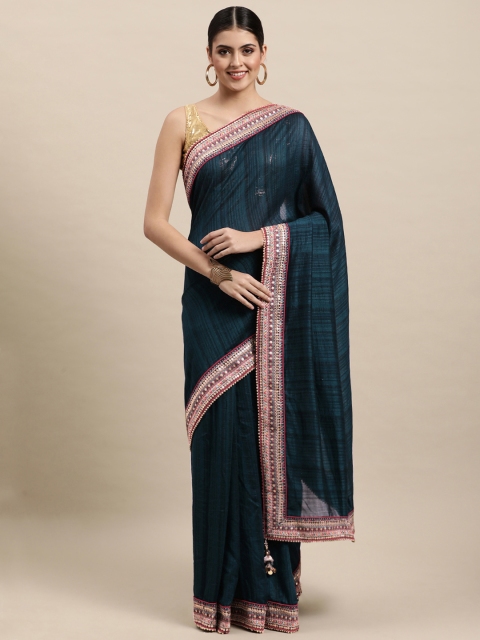 

MOHEY Navy Blue Striped Art Silk Saree