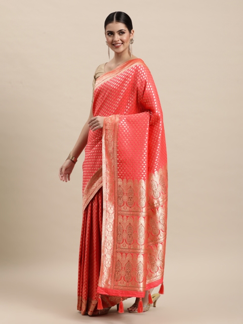 

MOHEY Pink & Golden Ethnic Motifs Woven Design Saree