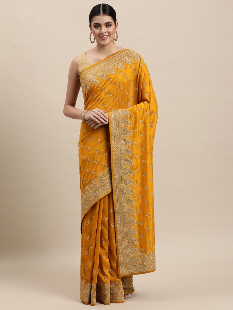

MOHEY Orange Ethnic Motifs Embroidered Art Silk Heavy Work Saree