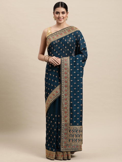

MOHEY Teal Blue Embroidered Art Silk Saree
