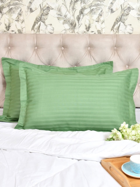 

Clasiko Set Of 2 Green Striped 250 TC Pure Cotton Pillow Covers