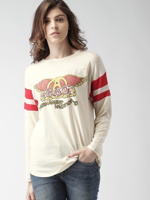 

FOREVER 21 Women Cream-Coloured Printed Round Neck Pure Cotton T-shirt