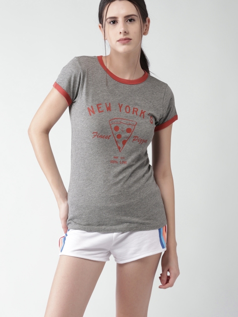 

FOREVER 21 Women Charcoal Grey Printed Round Neck T-Shirt