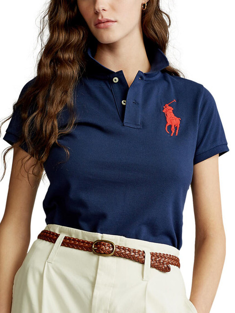 

Polo Ralph Lauren Women Navy Blue Solid Cotton Polo Shirt