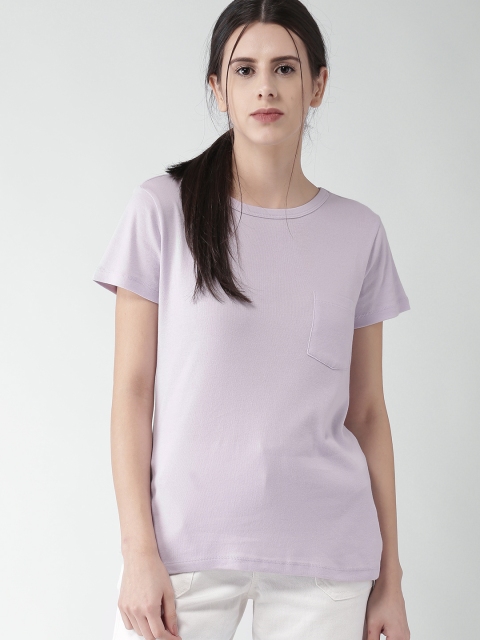 

FOREVER 21 Women Lavender Solid Round Neck T-Shirt