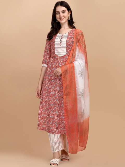 

MOKOSH Women Orange Ethnic Motifs Printed Empire Kurti with Trousers & With Dupatta