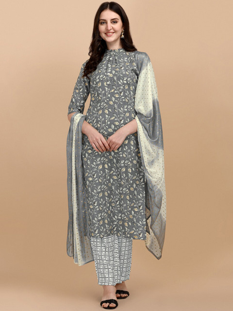 

MOKOSH Women Grey Ethnic Motifs Printed Layered Kurti with Palazzos & With Dupatta