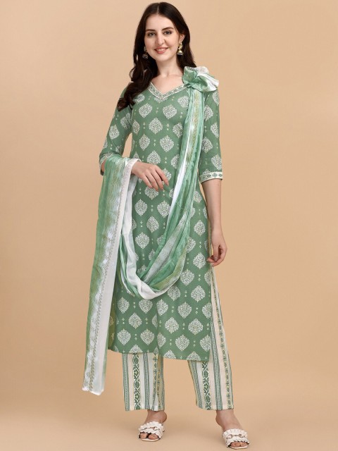 

MOKOSH Women Green Printed Panelled Kurti with Trousers & With Dupatta