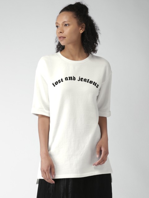 

FOREVER 21 Women Off-White Printed Longline Sweatshirt
