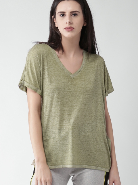 

FOREVER 21 Women Olive Green Solid V-Neck T-shirt