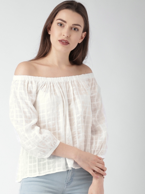 

FOREVER 21 Women Off-White Self-Design Bardot Top