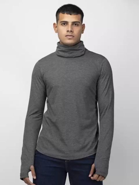 

Rigo Men Charcoal High Neck Extended Sleeves Applique Slim Fit T-shirt