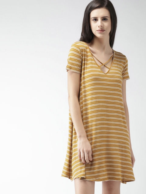 

FOREVER 21 Women Mustard Yellow & White Striped A-Line Dress