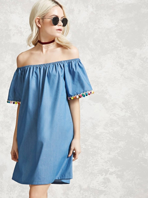

FOREVER 21 Women Blue Solid Off-Shoulder Dress