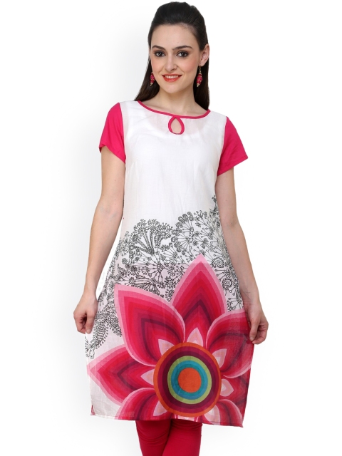 

Pannkh Women Pink & White Printed Straight Kurta