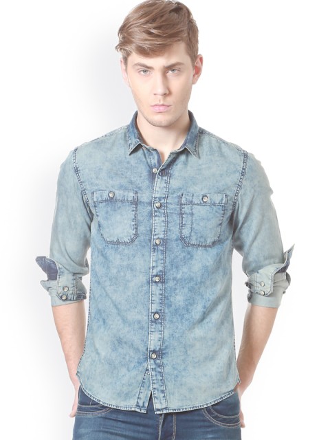 

People Men Blue Slim Fit Faded Casual Shirt