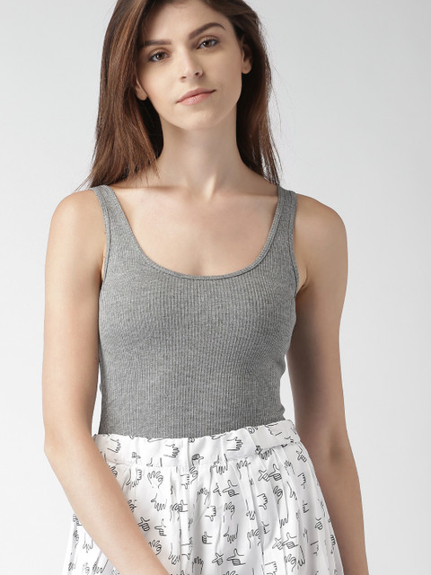 

FOREVER 21 Women Grey Melange Self-Striped Bodysuit