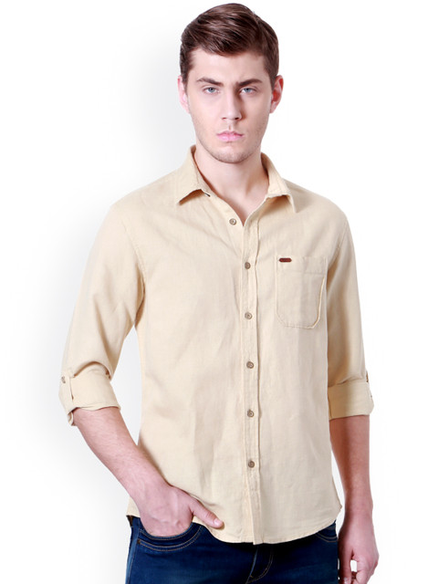 

People Men Khaki Slim Fit Solid Casual Shirt