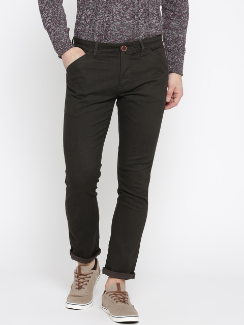 

People Men Olive Brown Slim Fit Solid Trousers