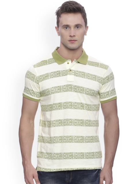

People Men White Striped Polo Collar T-shirt
