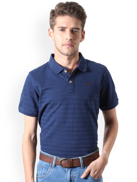 

People Men Blue Striped Polo Collar T-shirt