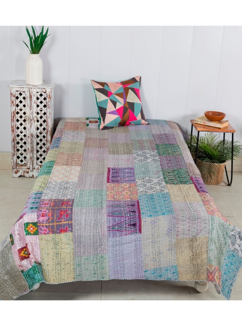 

HANDICRAFT PALACE Women Grey & Purple Patch Work Single Size Bed Cover