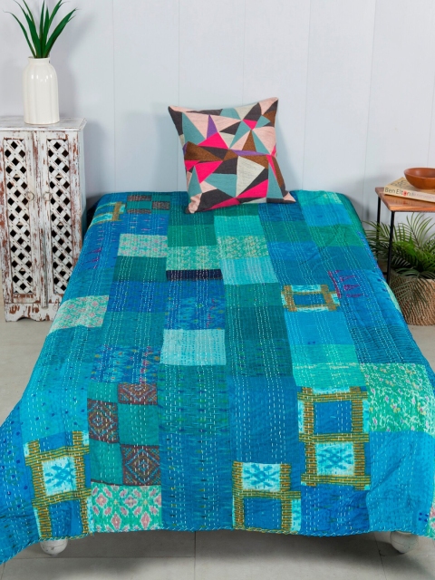 

HANDICRAFT PALACE Turquoise Blue Kantha Patchwork Single Bed Covers