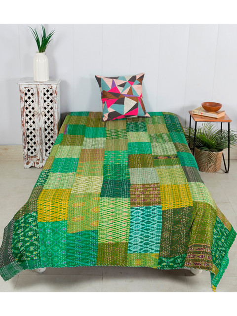 

HANDICRAFT PALACE Women Green Patchwork Silk Single Bed Covers