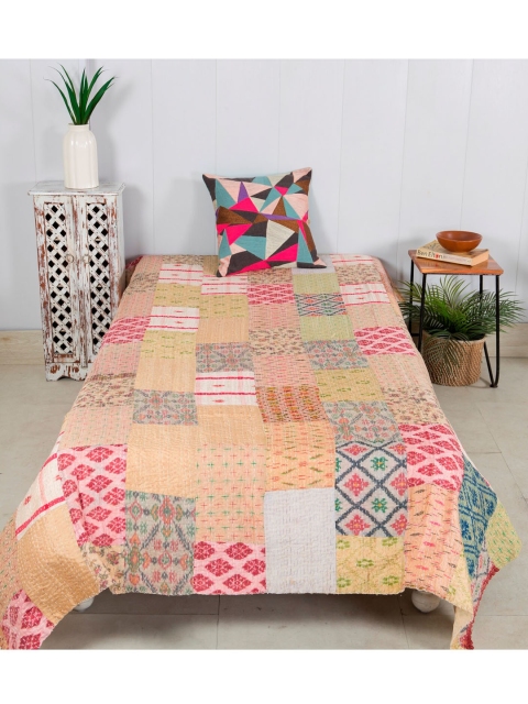 

HANDICRAFT PALACE Women Beige Kantha Patchwork Single Bed Covers