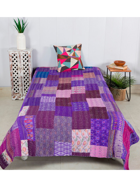 

HANDICRAFT PALACE Purple Patchwork Silk Single Bed Cover