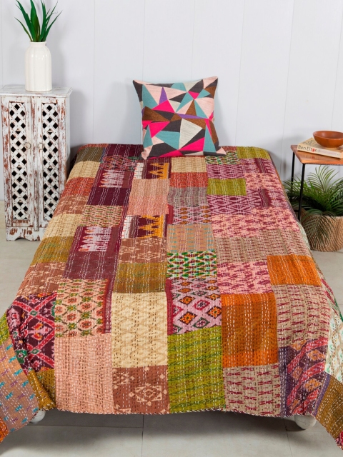 

HANDICRAFT PALACE Women Brown & Red Kantha Patchwork Bed Covers