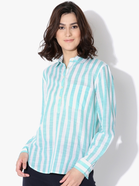 

Aeropostale Women Green Striped Shirt-Style Pure Cotton Top