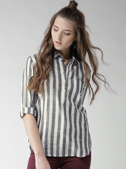 

Aeropostale Women White & Grey Striped Shirt Style Pure Cotton Top