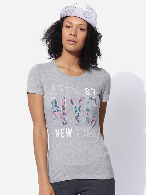 

Aeropostale Women Grey Melange Printed Round Neck Pure Cotton T-shirt
