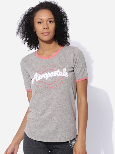 

Aeropostale Women Grey Melange Printed Round Neck T-shirt