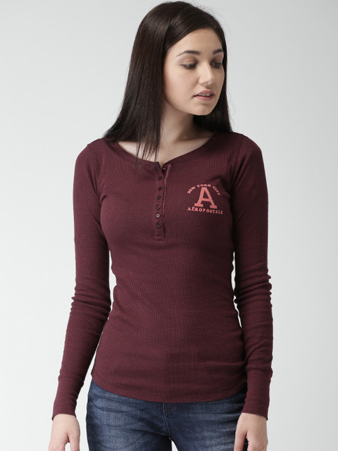 

Aeropostale Women Burgundy Self-Striped Henley Neck T-Shirt