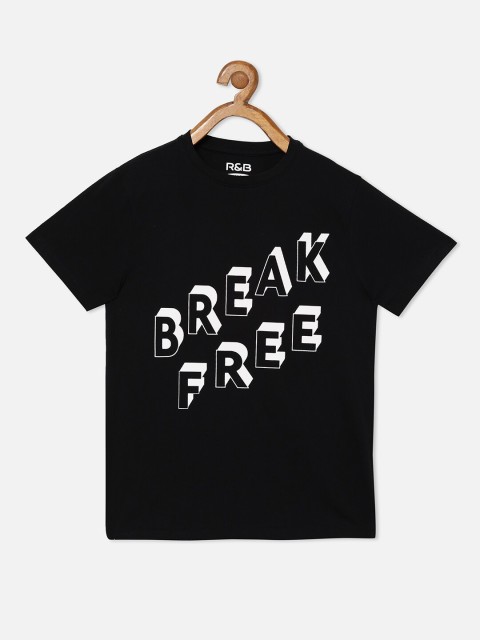 

R&B Boys Black Typography Printed Mandarin Collar Monochrome Applique T-shirt